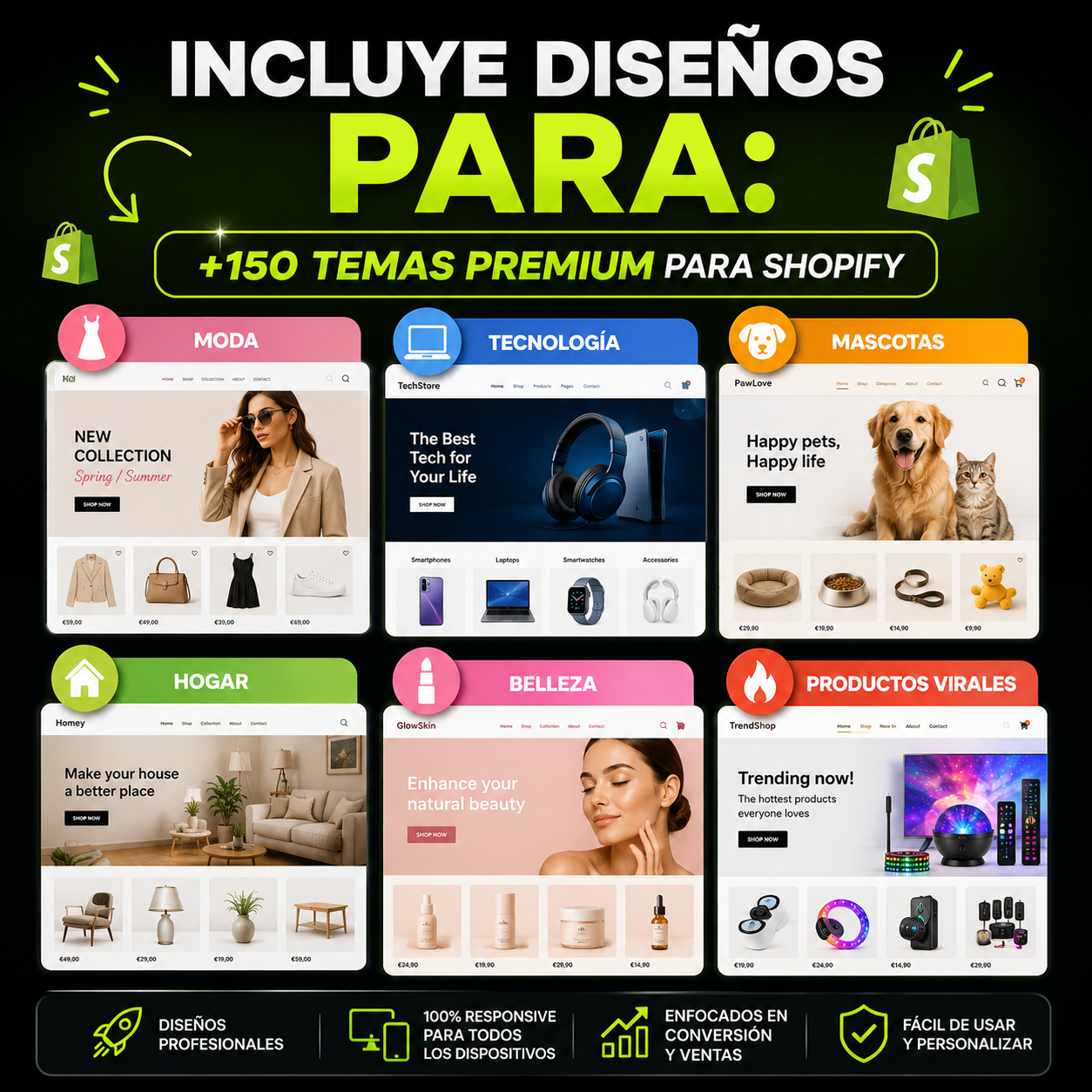 Pack Premium +150 Temas Shopify Profesionales | Tiendas de Alta Conversión